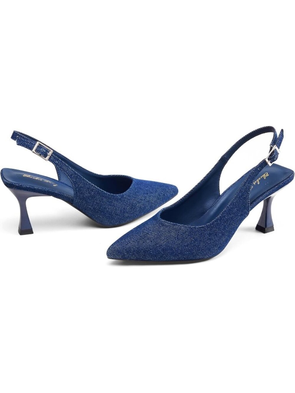 Women's Blue Kitten Heel Slingback Low 3 Inches Stiletto Pointed Toe Elegant - Picture 5 of 7